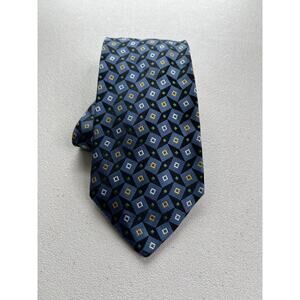 Baronshire Blue, Black, Green Geometric Pattern 100% Silk Made in Korea Tie NWOT